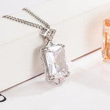 925 Silver Zircon Necklace Rectangle Pendant Bridal Jewelry