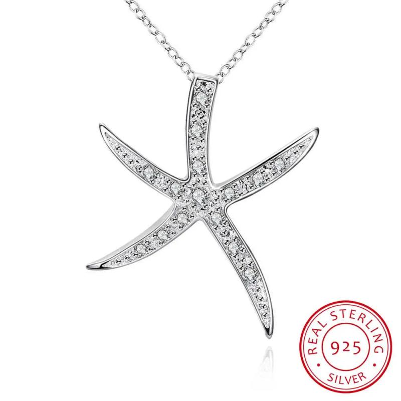 Crystal Starfish Pendant 925 Sterling Silver Necklace Fine Jewelry