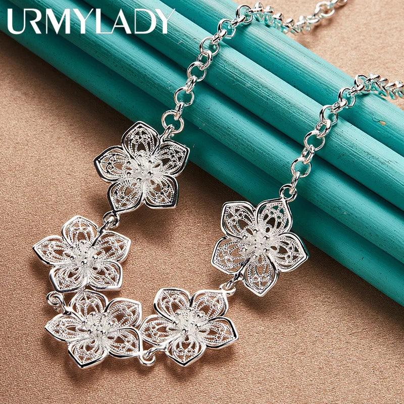 925 Silver Flower Pendant Necklace 20 Inch Women Wedding Charm Jewelry
