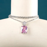 Square Pink Zircon Necklace Silver 925 Romantic Engagement Pendant