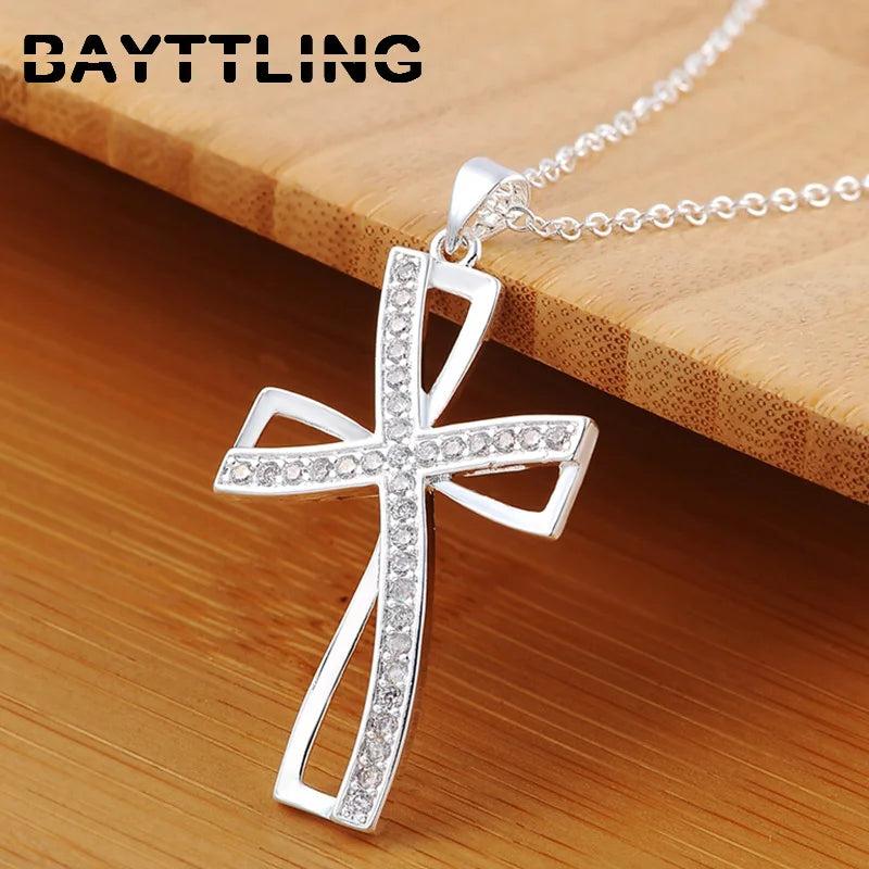 925 Sterling Silver Cross Crystal Zircon Necklace Wedding Gift