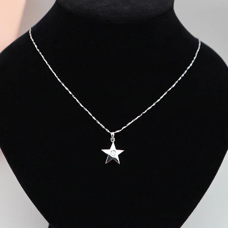 Crystal Zircon Pentagram Star Pendant 925 Sterling Silver Necklace