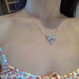 Silver Zircon Bow-Knot Pendant Sweater Necklace Choker