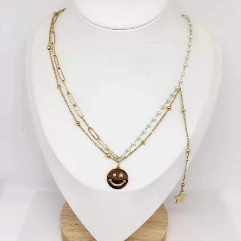 Double-layer Pearl Star Smiley Titanium Steel Necklace Female Unique Jewelry