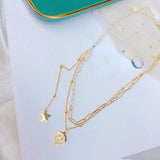 Double-layer Pearl Star Smiley Titanium Steel Necklace Female Unique Jewelry