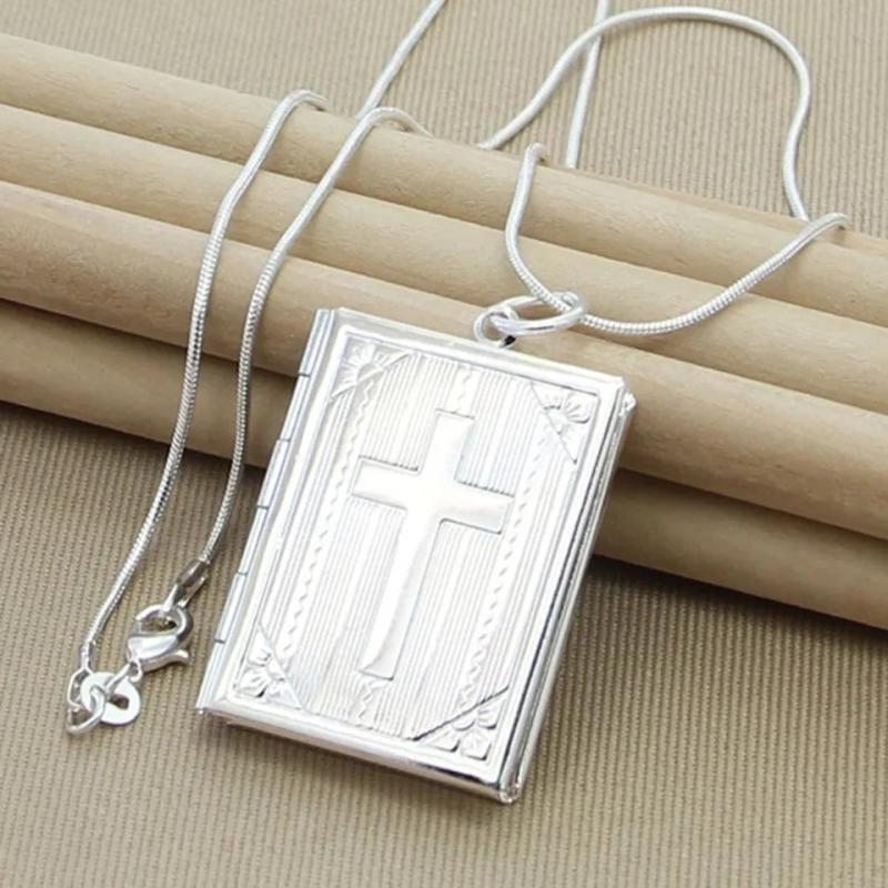 925 Silver Square Photo Frame Pendant Necklace Snake Chain