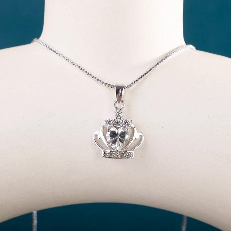 Silver Crown Pendant Necklace Heart Shaped Purple Zircon