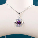 Silver Crown Pendant Necklace Heart Shaped Purple Zircon
