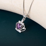 Silver Crown Pendant Necklace Heart Shaped Purple Zircon
