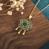 Vintage Chrysoprase Silver Inlaid Court Style Necklace