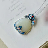 Hetian Jade Water Drop Ethnic Necklace Enamel Porcelain Pendant Silver Jewelry