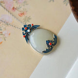 Hetian Jade Water Drop Ethnic Necklace Enamel Porcelain Pendant Silver Jewelry