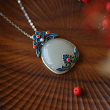 Hetian Jade Water Drop Ethnic Necklace Enamel Porcelain Pendant Silver Jewelry