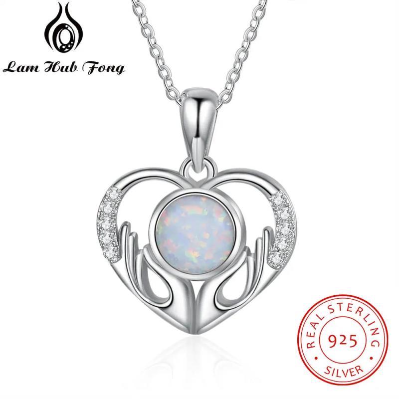 Opal Stone Heart Pendant Necklace 925 Sterling Silver Mother's Gift