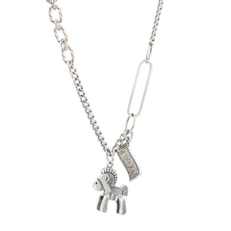 925 Silver Retro Horse Dollar Banknotes Choker Necklace for Women