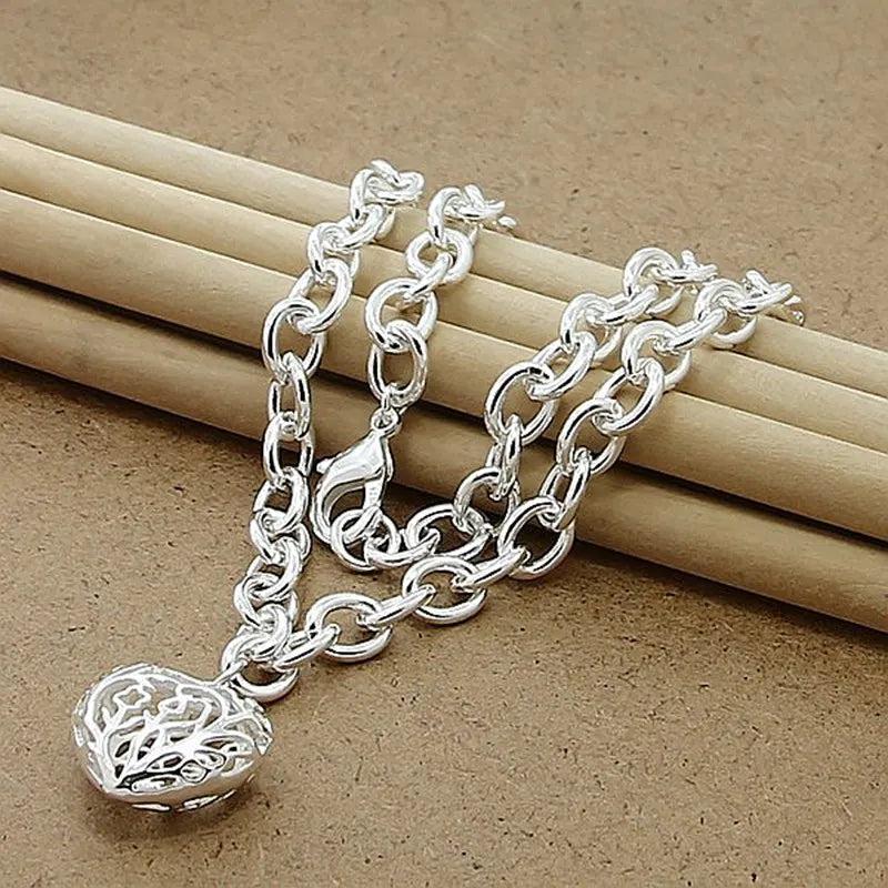 925 Silver Hollow Heart Chain Necklace Jewelry