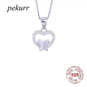 925 Silver Crystal Heart Butterfly Necklace Zircon Pendant Choker
