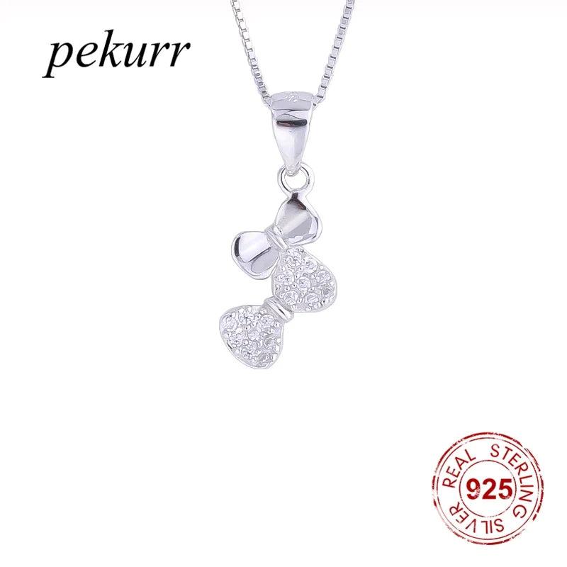 925 Silver Butterfly Bowknot Necklaces Pair Zircon Pendants Mini Jewelry