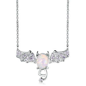 Fire Opal Oval Stone Bat Pendant 925 Silver Necklace
