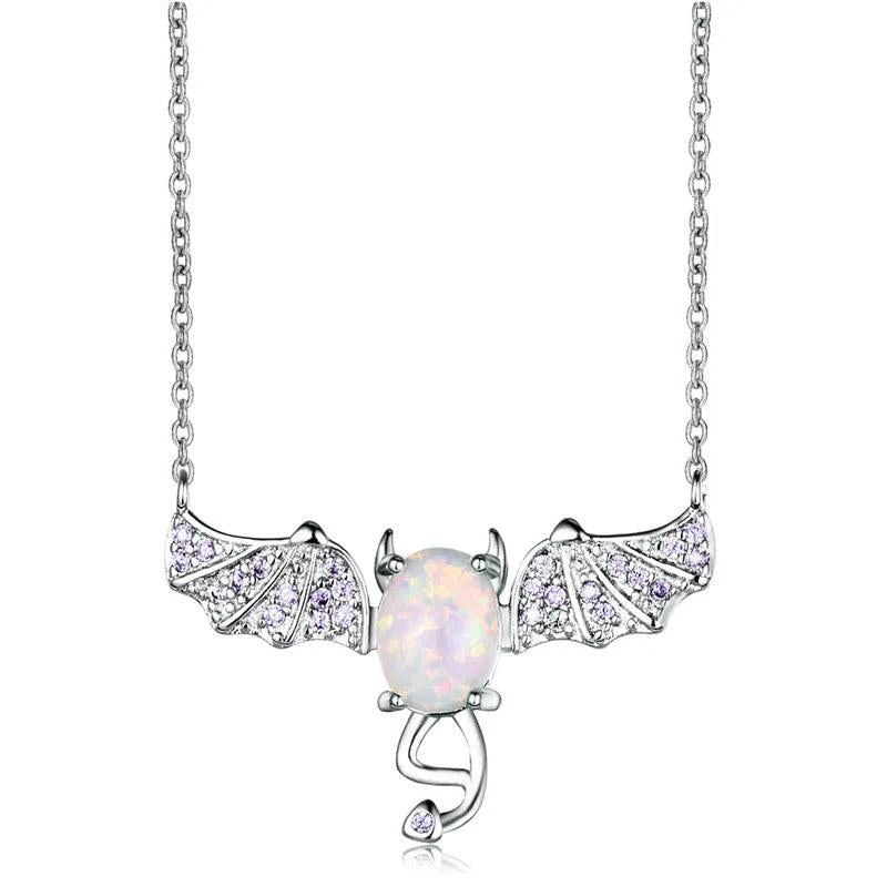 Fire Opal Oval Stone Bat Pendant 925 Silver Necklace