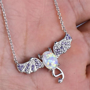 Fire Opal Oval Stone Bat Pendant 925 Silver Necklace