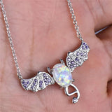 Fire Opal Oval Stone Bat Pendant 925 Silver Necklace