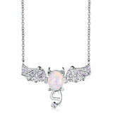 Fire Opal Oval Stone Bat Pendant 925 Silver Necklace