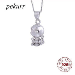 925 Silver Copper Coin Monkey Necklace Zircon Pendant Kids Jewelry Gift
