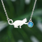 Vintage Cat Play Ball Fire Opal Pendant Necklace 925 Silver Chain