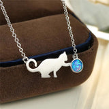 Vintage Cat Play Ball Fire Opal Pendant Necklace 925 Silver Chain