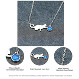 Vintage Cat Play Ball Fire Opal Pendant Necklace 925 Silver Chain