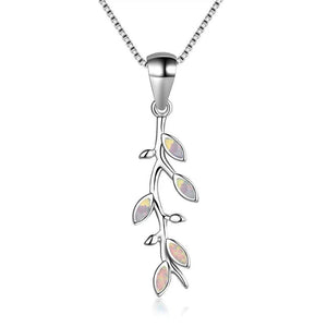 Tree Leaf Pendant Fire Opal Necklace 925 Sterling Silver Birthstone Jewelry
