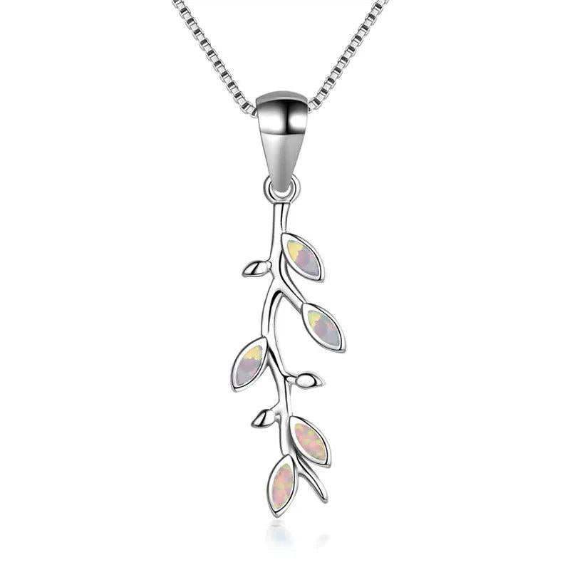 Tree Leaf Pendant Fire Opal Necklace 925 Sterling Silver Birthstone Jewelry
