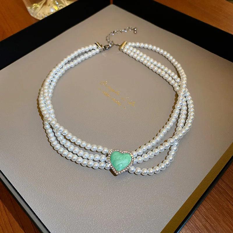 Bohemian Choker Necklace with Oil Dripping Diamond Love Pearl
