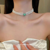 Bohemian Choker Necklace with Oil Dripping Diamond Love Pearl