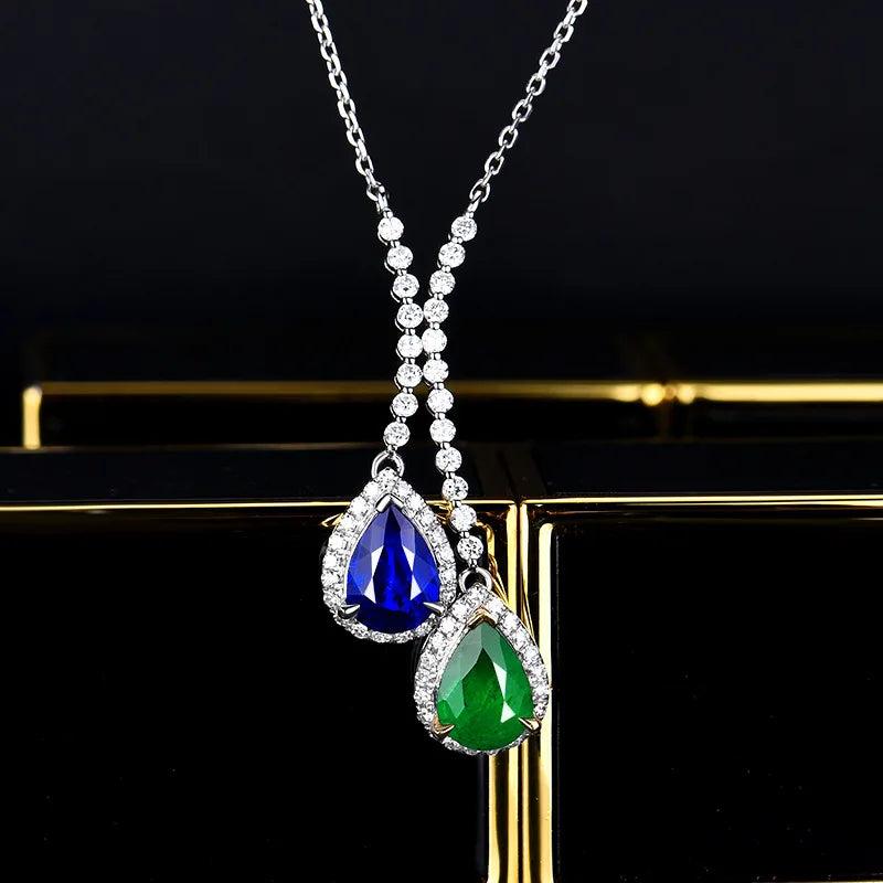 925 Silver Double Stone Emerald Sapphire Necklace for Women