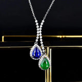 925 Silver Double Stone Emerald Sapphire Necklace for Women