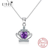 925 Silver Crown Zircon Pendant Necklace Purple & Heart Rhinestone Chain