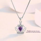 925 Silver Crown Zircon Pendant Necklace Purple & Heart Rhinestone Chain