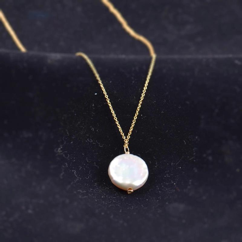 Freshwater Coin Pearl Pendant Necklace 18K Real Wedding Jewelry