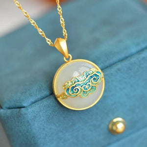 Hetian Jade Round Necklace w/ Enamel Cloud Charm Pendant