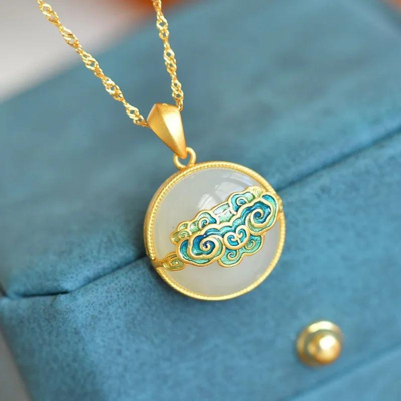 Hetian Jade Round Necklace w/ Enamel Cloud Charm Pendant