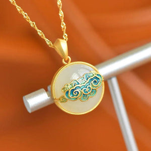 Hetian Jade Round Necklace w/ Enamel Cloud Charm Pendant