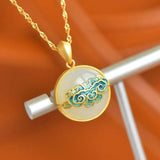 Hetian Jade Round Necklace w/ Enamel Cloud Charm Pendant
