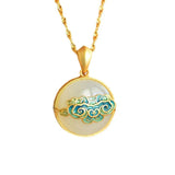Hetian Jade Round Necklace w/ Enamel Cloud Charm Pendant