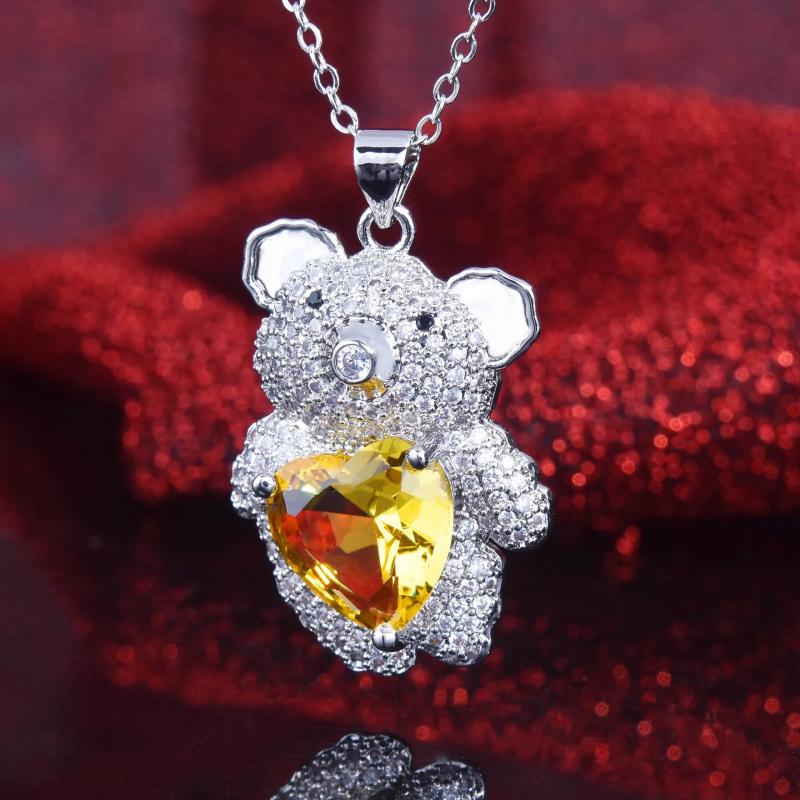 Cartoon Bear Pendant Necklace Yellow Cubic Zirconia Choker