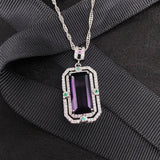 Vintage Silver Pendant Necklace Zircon Crystal Sweater Chain Jewelry