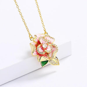 Pink Enamel Flower Pendant Necklace Women's Party Jewelry