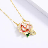 Pink Enamel Flower Pendant Necklace Women's Party Jewelry