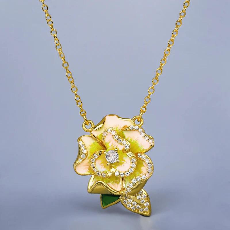 Yellow Flowers Pendant Necklace Enamel Women's Party Jewelry